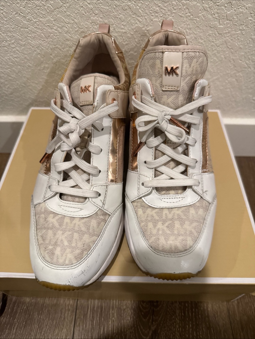 Michael Kors White and Rose Gold Logo-Print Sneakers with box